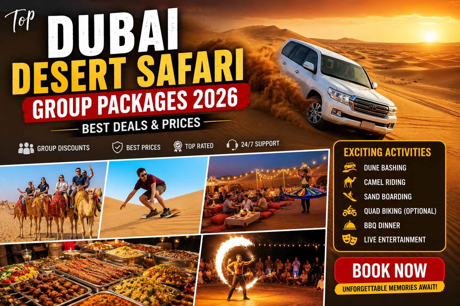 Dubai Desert Safari Group Packages 2026 with dune bashing, camel ride and BBQ dinner