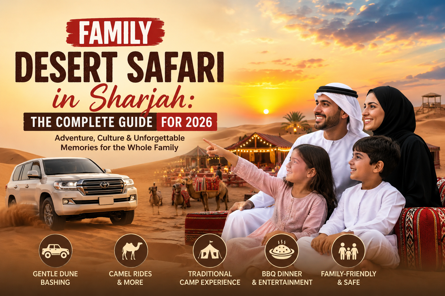 Family enjoying a desert safari in Sharjah with camel rides, BBQ dinner, and sunset camp experience in 2026