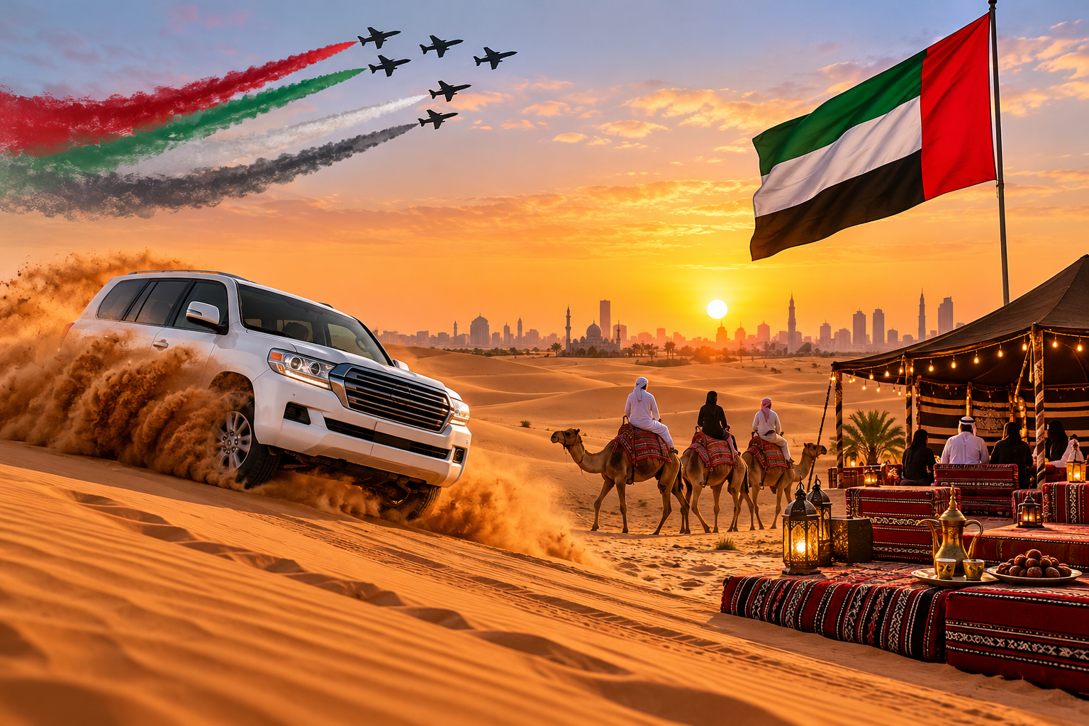 Sharjah desert safari with 4x4 dune bashing, camels, and UAE National Day celebrations at sunset